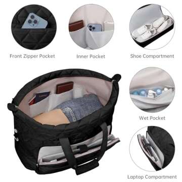 ETRONIK Weekender Bag for Women with 17 inch Laptop Compartment, 30L Travel Duffle Bag with Shoe Compartment & Wet Pocket, Carry on Overnight Bag with Toiletry Bag for Travel, Hospital, Sports, Black