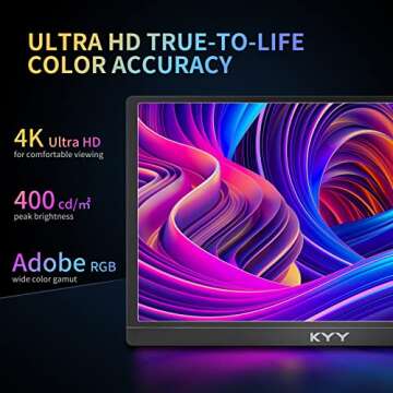 KYY 4K Portable Monitor 15.6'' 3840x2160 UHD USB-C Monitor, 100% Adobe RGB, 400cd/㎡, IPS Computer ...