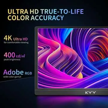 KYY 4K Portable Monitor 15.6'' 3840x2160 UHD USB-C Monitor, 100% Adobe RGB, 400cd/㎡, IPS Computer ...