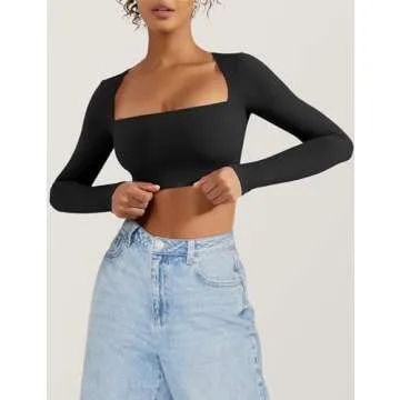 VOYJOY Women's Square Neck Crop Top Workout Tops Long Sleeve Shirts Cropped T Shirts Women Cute Top ...