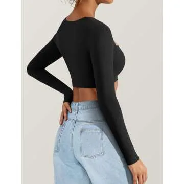 VOYJOY Women's Square Neck Crop Top Workout Tops Long Sleeve Shirts Cropped T Shirts Women Cute Top Black