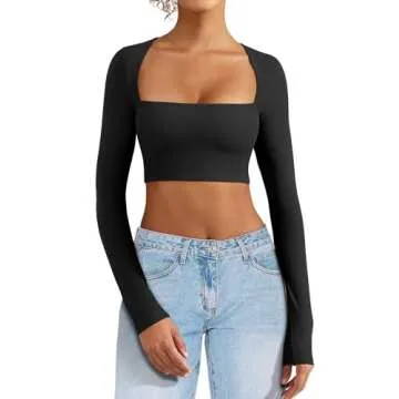 VOYJOY Women's Square Neck Crop Top Workout Tops Long Sleeve Shirts Cropped T Shirts Women Cute Top Black