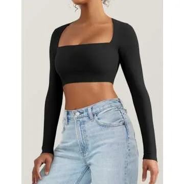 VOYJOY Women's Square Neck Crop Top Workout Tops Long Sleeve Shirts Cropped T Shirts Women Cute Top Black