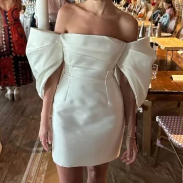 Off Shoulder Short Wedding Dress with Puffy Sleeves