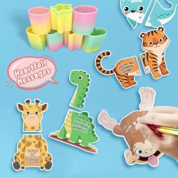 Valentines Day Cards for Kids School 28 Packs Coil Rainbow Springs Toy with Animal Cards, Stress Relief Coil Toys with 28 Valentine Greeting Cards for Classroom Valentines Prizes Exchange Game Prizes