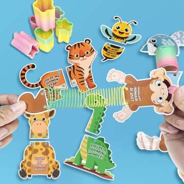 Valentines Day Cards for Kids School 28 Packs Coil Rainbow Springs Toy with Animal Cards, Stress Relief Coil Toys with 28 Valentine Greeting Cards for Classroom Valentines Prizes Exchange Game Prizes