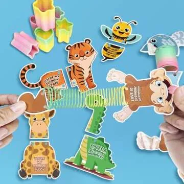 Valentines Day Cards for Kids School 28 Packs Coil Rainbow Springs Toy with Animal Cards, Stress Relief Coil Toys with 28 Valentine Greeting Cards for Classroom Valentines Prizes Exchange Game Prizes