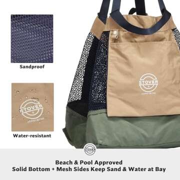 STOVER Extra Large Mesh Nylon Beach Bag- Vacation, Pool, Shopping, Toy, & Travel Tote- Foldable w/Storage Pouch & Pockets for Women, Men & Families – Heavy-Duty and Water-Resistant (Green/Navy Blue)