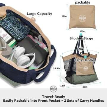 STOVER Extra Large Mesh Nylon Beach Bag- Vacation, Pool, Shopping, Toy, & Travel Tote- Foldable w/Storage Pouch & Pockets for Women, Men & Families – Heavy-Duty and Water-Resistant (Green/Navy Blue)