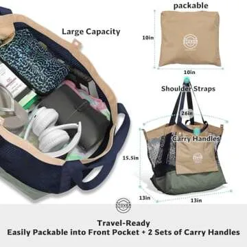 STOVER Extra Large Mesh Nylon Beach Bag- Vacation, Pool, Shopping, Toy, & Travel Tote- Foldable w/Storage Pouch & Pockets for Women, Men & Families – Heavy-Duty and Water-Resistant (Green/Navy Blue)