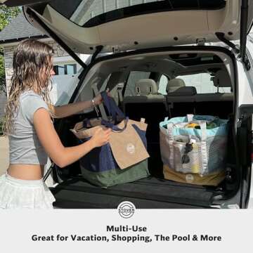 STOVER Extra Large Mesh Nylon Beach Bag- Vacation, Pool, Shopping, Toy, & Travel Tote- Foldable w/Storage Pouch & Pockets for Women, Men & Families – Heavy-Duty and Water-Resistant (Green/Navy Blue)