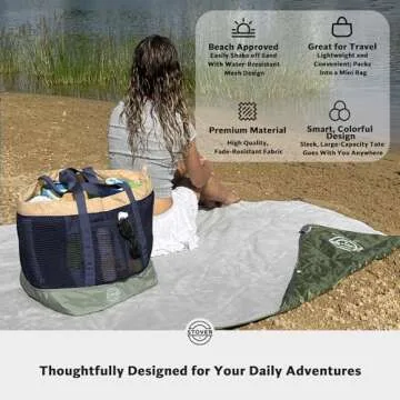STOVER Extra Large Mesh Nylon Beach Bag- Vacation, Pool, Shopping, Toy, & Travel Tote- Foldable w/Storage Pouch & Pockets for Women, Men & Families – Heavy-Duty and Water-Resistant (Green/Navy Blue)