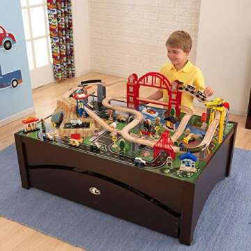 KidKraft Metropolis Wooden Train Set & Table with 100 Pieces and Storage Drawer - Espresso