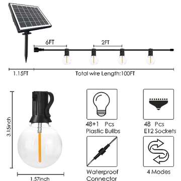 SUNTHIN Solar String Lights, 100ft with 48 Shatterproof G40 LED Bulbs, Perfect for Backyard and Part...