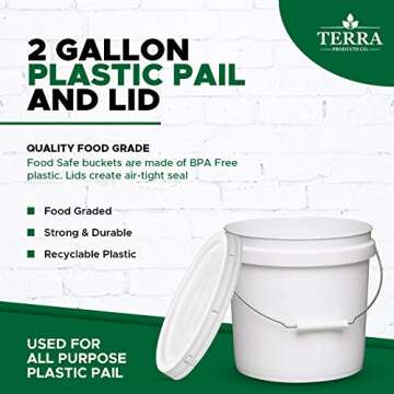 Terra Products Co. White Pails and Lids - Heavy Duty Buckets for Storage - Economical, Durable and Easy to Use (2Gallon 5Pack)