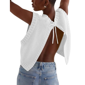 Cioatin Women Y2K Backless Tie Up Knit Crop Sweater Vest Sleeveless Round Neck Split Open Back Pullo...
