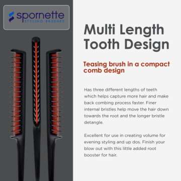 Spornette Little Wonder Teasing Comb (TC-1) - Triple Teasing Comb With A Three Row Comb And Rat Tail Handle For Parting Hair - Adds Volume To Fine, Medium, And Thinning Hair for Women and Men