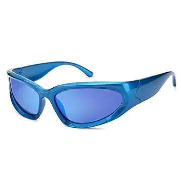 COASION Wrap Around Fashion Sunglasses Oval Dark Vintage Sun Glasses for Men Women Outdoor Sport Shades UV400 Eyeglasses (Dark Blue/Blue Mirrored)