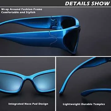 COASION Wrap Around Fashion Sunglasses Oval Dark Vintage Sun Glasses for Men Women Outdoor Sport Shades UV400 Eyeglasses (Dark Blue/Blue Mirrored)