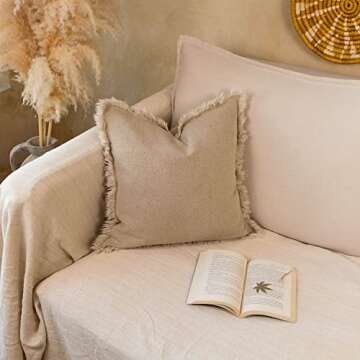 5F Balcony Decorative Boho Linen Throw Pillow Cover with Handmade Fringes - Neutral Beige Pillow Cover 18 × 18, Soft Solid Square Cushion Cover for Couch Bed Patio Outdoor