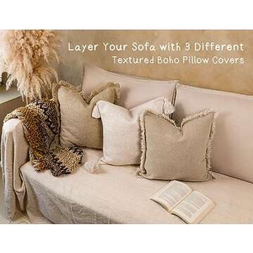 5F Balcony Decorative Boho Linen Throw Pillow Cover with Handmade Fringes - Neutral Beige Pillow Cover 18 × 18, Soft Solid Square Cushion Cover for Couch Bed Patio Outdoor