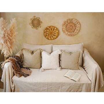 5F Balcony Decorative Boho Linen Throw Pillow Cover with Handmade Fringes - Neutral Beige Pillow Cover 18 × 18, Soft Solid Square Cushion Cover for Couch Bed Patio Outdoor