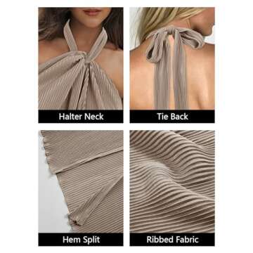 Wenrine Womens Sexy Halter Neck Dresses Backless Split Ribbed Cocktail Party Midi Dress Khaki, Small