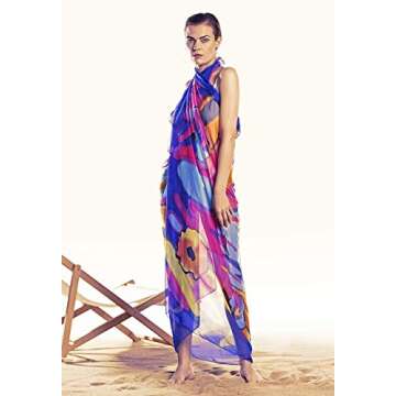 MissShorthair Womens Chiffon Beach Pareos Sarong Sheer Swimsuit Cover Ups Swimwear Bikini Wrap,Vibrant Blue