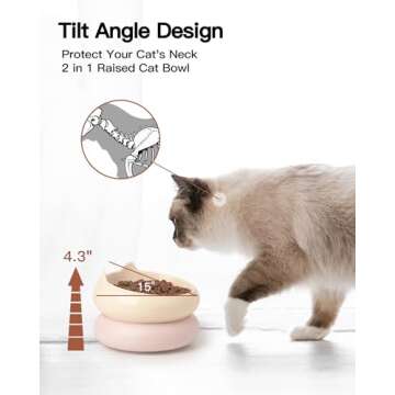 Ceramic Raised Cat Bowl, 2 in 1 Elevated Cat Food and Water Bowl Set for Indoor Cats, Whisker Friendly Cute Kitten Food Bowl for Protecting Pet's Spine, 2 Pack (Yellow+Morandi Pink)