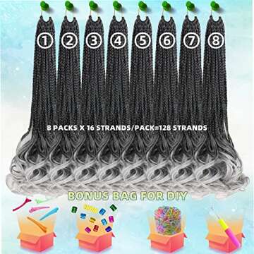 self-tanners Crochet Braids for Black Women-18 Inches 8 Packs Goddess Box Braids,Ombre Gray Soft Pre Looped Braided Synthetic Hair Extensions with Curly Wavy Ends(18"-8 Packs,Tgray)