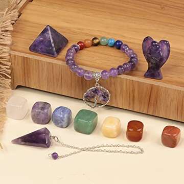 mookaitedecor Amethyst Healing Crystals Set, 7 Chakra Bracelet, Palm Stones, Pendulum, Pocket Guardi...