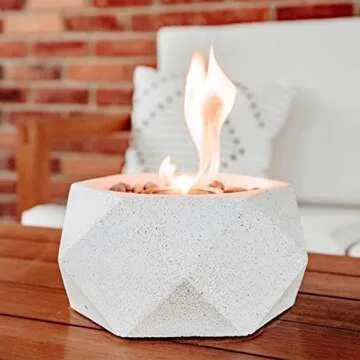 TerraFlame Geo Fire Bowl Table Top | Portable Concrete Fire Pit for Indoor and Outdoor | 1 Gel Fuel Can | Clean Burning and Smoke-Free | Protective Cork Base | StoneCast Sand Finish