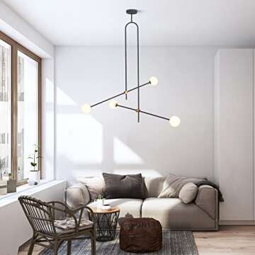 KCO Lighting Modern Chandelier Black Ceiling Pendant Lighting Geometric Minimalist 4 Light Fixture G9 with Globe Glass Shade for Bedroom Living Room