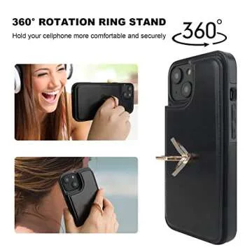 Onetop for iPhone 14 Wallet Case with Card Holder, 360° Rotation Ring Kickstand RFID Blocking PU Leather Double Magnetic Clasp Shockproof Cover for Women and Girls 6.1 Inch (Black)