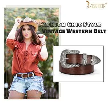 JASGOOD Women Leather Belts Ladies Vintage Western Design Black Waist Belt for Pants Jeans Dresses（Fit Size 28-32 Inches, I-Dark Coffee