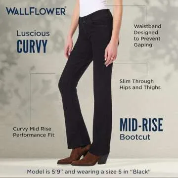 WallFlower Women's Luscious Curvy Bootcut Mid-Rise Insta Stretch Juniors Jeans (Standard and Plus), Black, 3 Long