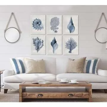 Vintage Shell Prints, Beach House Art, Coastal Art, Prints and Canvas, Coral Print, Illustration, Navy, Indigo, UNFRAMED