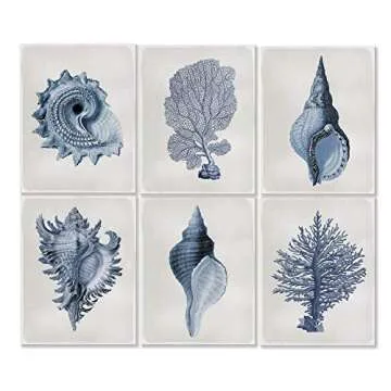 Vintage Shell Prints, Beach House Art, Coastal Art, Prints and Canvas, Coral Print, Illustration, Navy, Indigo, UNFRAMED