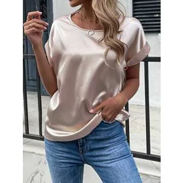 Chigant Satin Shirts for Women Short Sleeve Blouse Loose Crewneck Silk Tunic Tops(Pink,Samll)