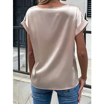 Chigant Satin Shirts for Women Short Sleeve Blouse Loose Crewneck Silk Tunic Tops(Pink,Samll)