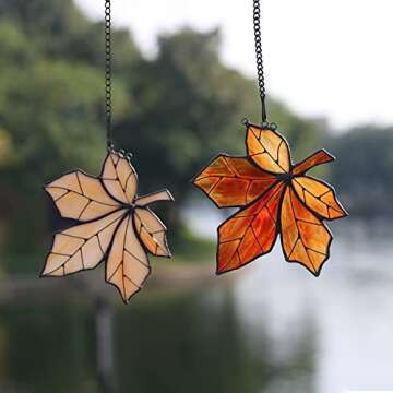 HAOSUM Maple Leaves Stained Glass Window Hanging,Fall Leaf Decorations, Suncatcher for Window,Stained Glass Maple Leaves Window Decoration for Office Party Home Decor Gifts for Women(Orange)…