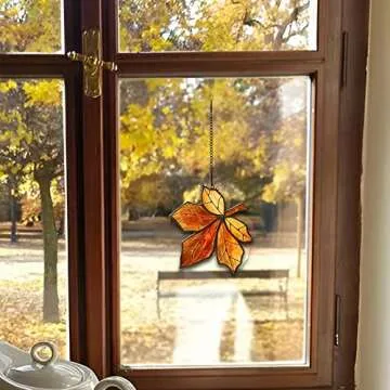 HAOSUM Maple Leaves Stained Glass Window Hanging,Fall Leaf Decorations, Suncatcher for Window,Stained Glass Maple Leaves Window Decoration for Office Party Home Decor Gifts for Women(Orange)…