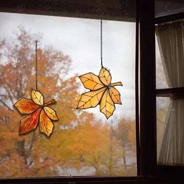 HAOSUM Maple Leaves Stained Glass Window Hanging,Fall Leaf Decorations, Suncatcher for Window,Stained Glass Maple Leaves Window Decoration for Office Party Home Decor Gifts for Women(Orange)…