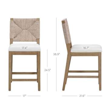 Nathan James Beacon Bohemian Boucle Bar Stool, Upholstered Counter Height Chair with Solid Wood Frame and Woven Seagrass Back for Kitchen Island, Light Brown/Seagrass/Cream Boucle