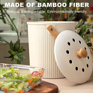 LALASTAR Countertop Compost Bin with Lid, Made of Sustainable Bamboo Fiber, Odorless Kitchen Compost Bucket, 1 Gallon, Cream