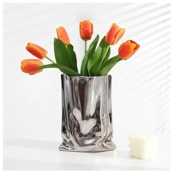 Premium Silver Crinkle Paper Shaped Ceramic Flower Vase - Perfect Home Accent (7 Inches)