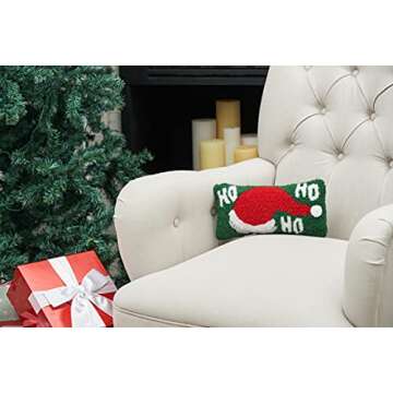 C&F Home 6" x 12" Christmas Ho, Ho, Ho Santa Hat Hooked Small/Petite Accent Throw Pillow Xmas Festive Winter Holiday Home Living Room Sofa Couch Chair Bed Bedroom Decor Decoration 6" x 12" Green
