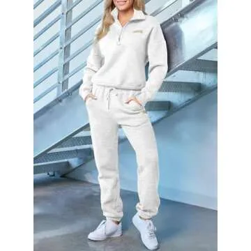 Herseas Fall 2 Piece Teacher Outfits for Women White Casual Sweatsuits Half Zip Pullover with Jogger Comfy Set Fashion Leisure Suits X-Large 16 18