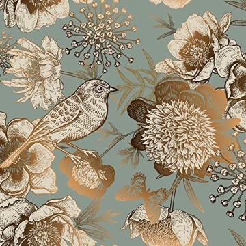 ReWallpaper Vintage Gold Floral Wallpaper Garden Bird Flower Peel and Stick Wallpaper for Bedroom Ac...