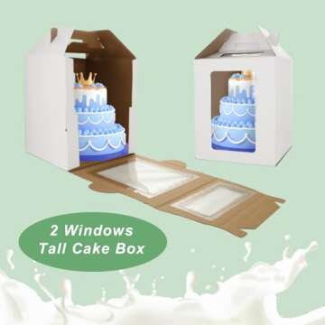 CYEAH 6 Set Tall Cake Boxes with Windows, Large Tiered 2 Sizes 10&12 Inch Tall Cake Carrier Boxes with Handle, Disposable Bakery Box Cake Containers for Wedding, Birthday, Party